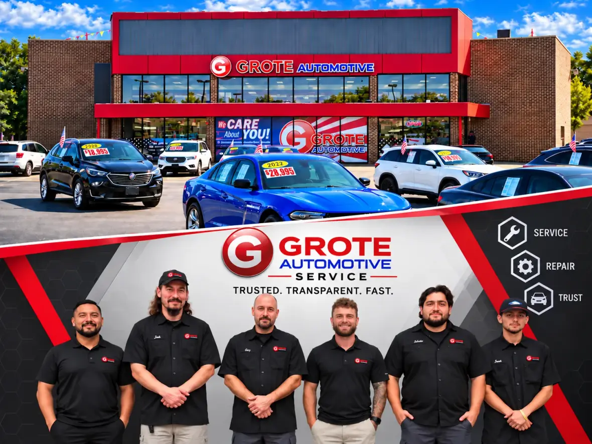 The Grote Auto Service Center service team outside the shop on S Bell School Rd in Rockford